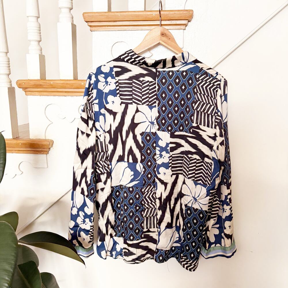 Zara Patchwork Print Button Down Blouse Blue Blac… - image 6
